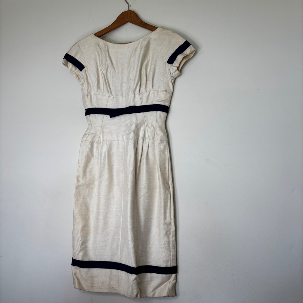 Vintage Carine Bruxelles Nautical White Silk Navy Pencil Dress size 0